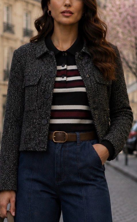 Tweed Tussenseizoen Jasje met Zakdetails – Zwart- Kort Jasje -voor Dames