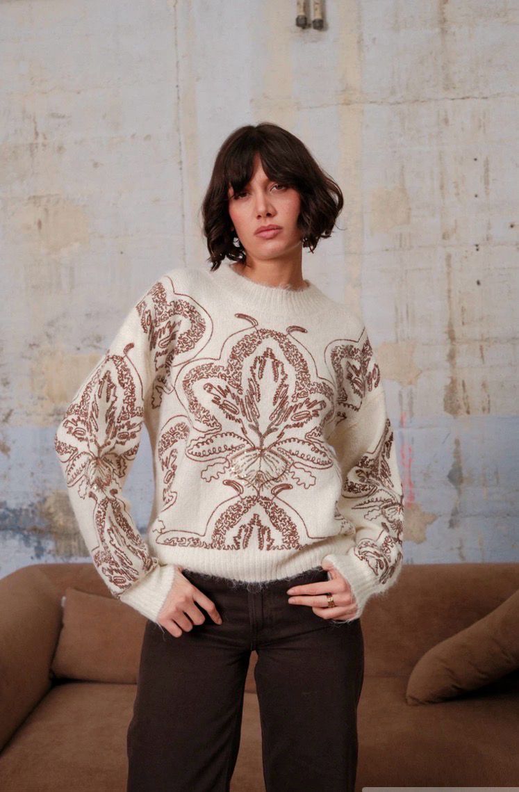 Ronde Nek Sweater Met Print- Crème