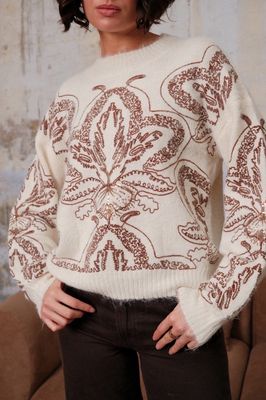 Ronde Nek Sweater Met Print- Crème