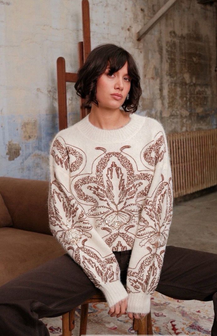Ronde Nek Sweater Met Print- Crème