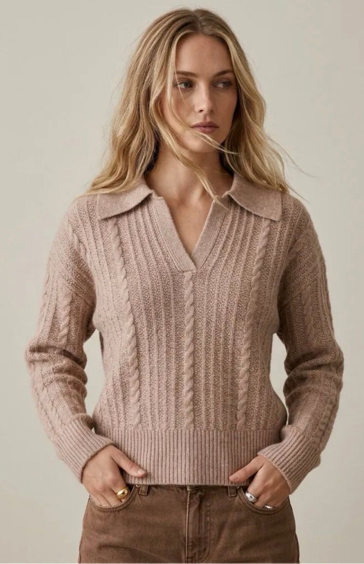One Size Cable Knit Polo Trui- Ecru