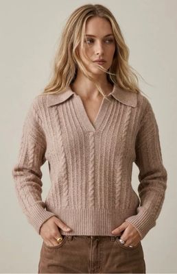 One Size Cable Knit Polo Trui- Ecru