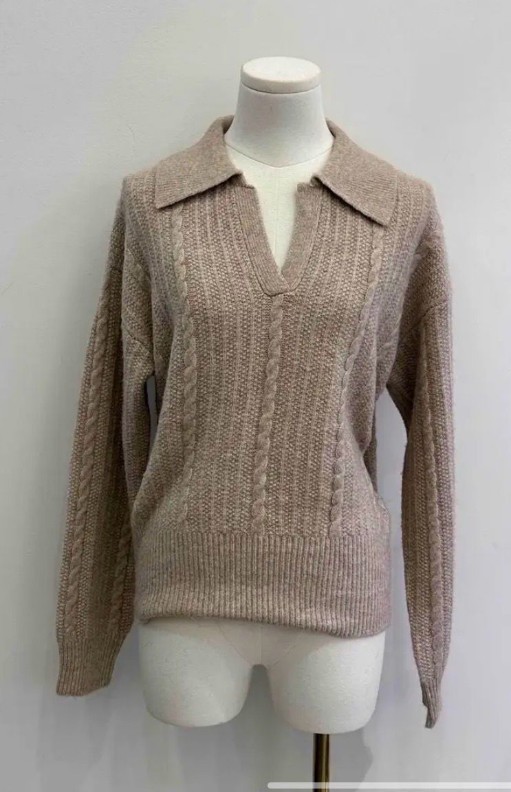 One Size Cable Knit Polo Trui- Ecru