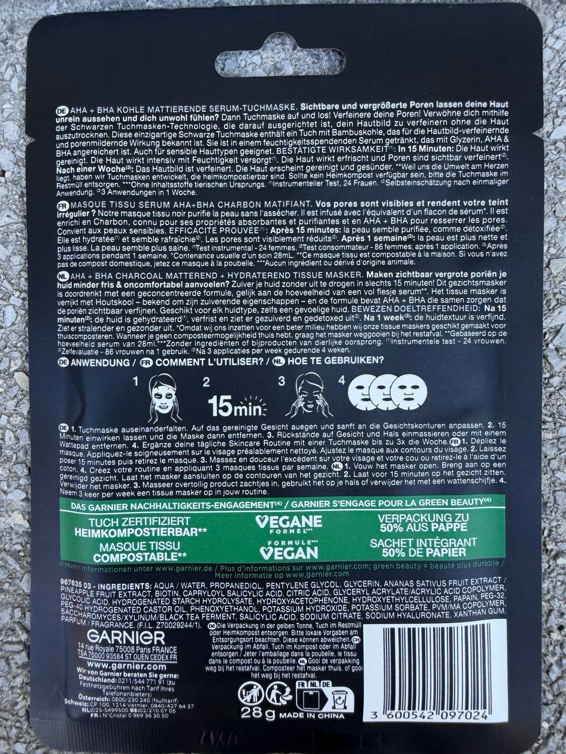 Garnier SkinActive AHA + BHA Charcoal Serum Mask – Zuiverende &amp; Matterende Gezichtsmasker