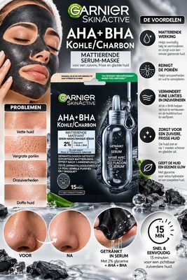 Garnier SkinActive AHA + BHA Charcoal Serum Mask – Zuiverende &amp; Matterende Gezichtsmasker