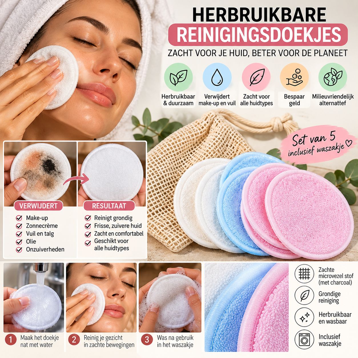 Herbruikbare Gezichtsreinigingspads – Set van 12 Doekjes met Waszakje