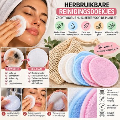 Herbruikbare Gezichtsreinigingspads – Set van 12 Doekjes met Waszakje