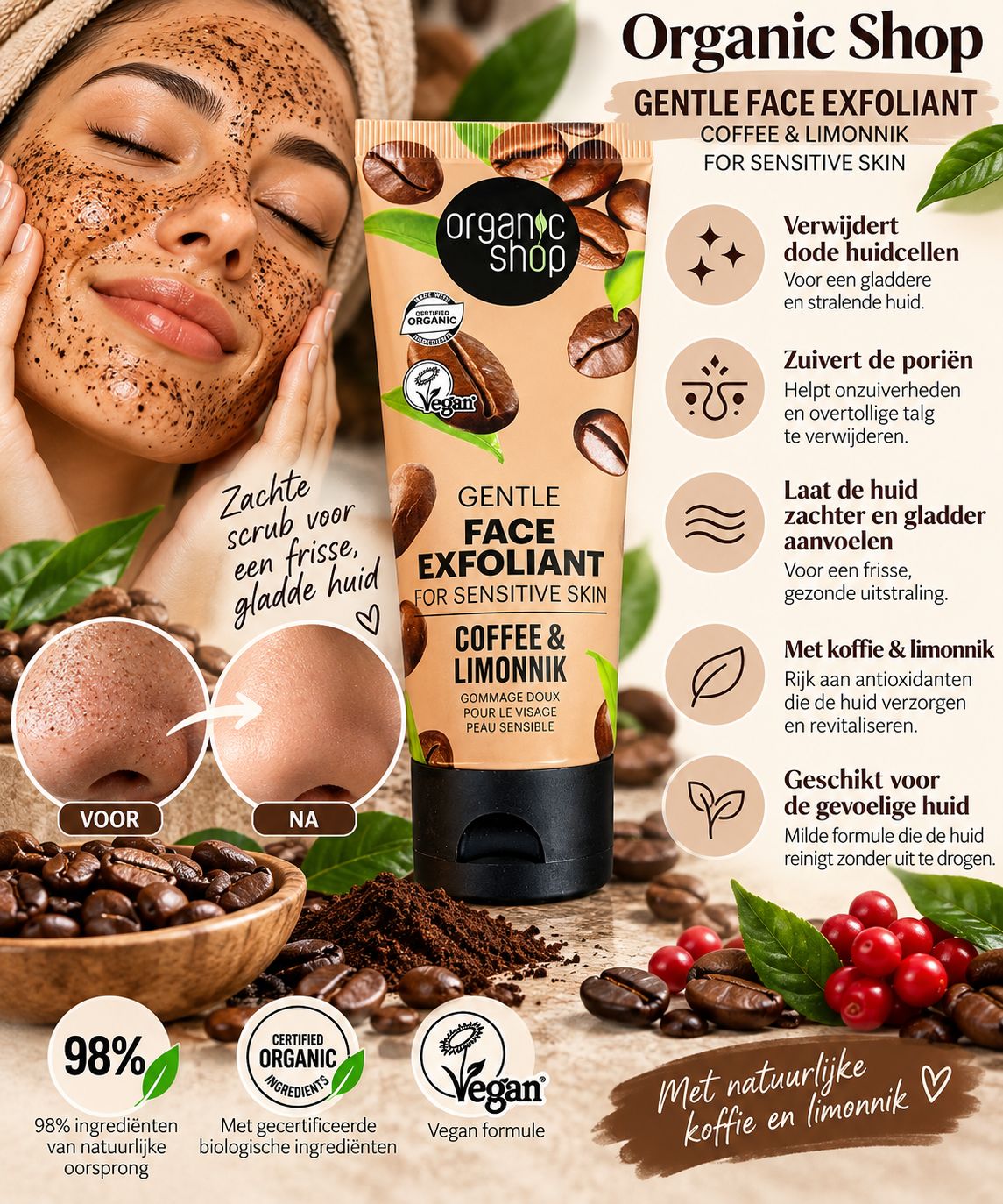 Organic Shop Gentle Face Exfoliant Coffee &amp; Limonnik – Zachte Gezichtsscrub
