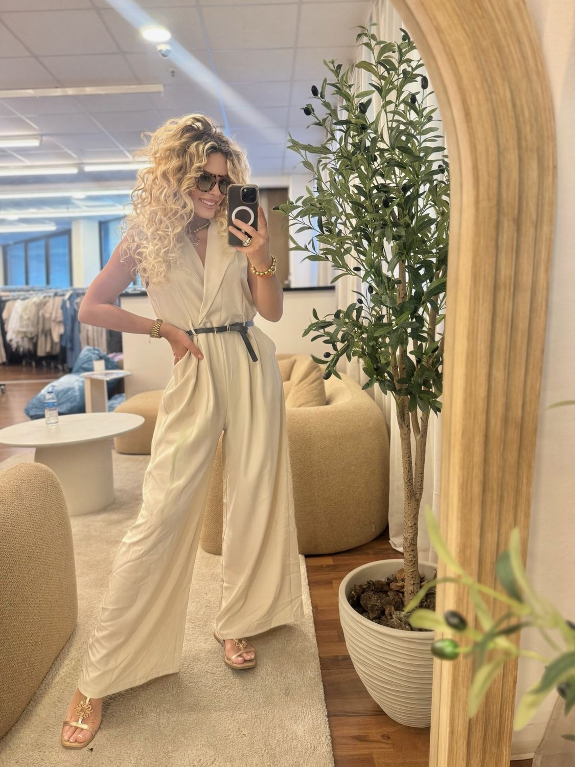Jumpsuit Liv + riempje, Kleur: Beige, Maat: One Size