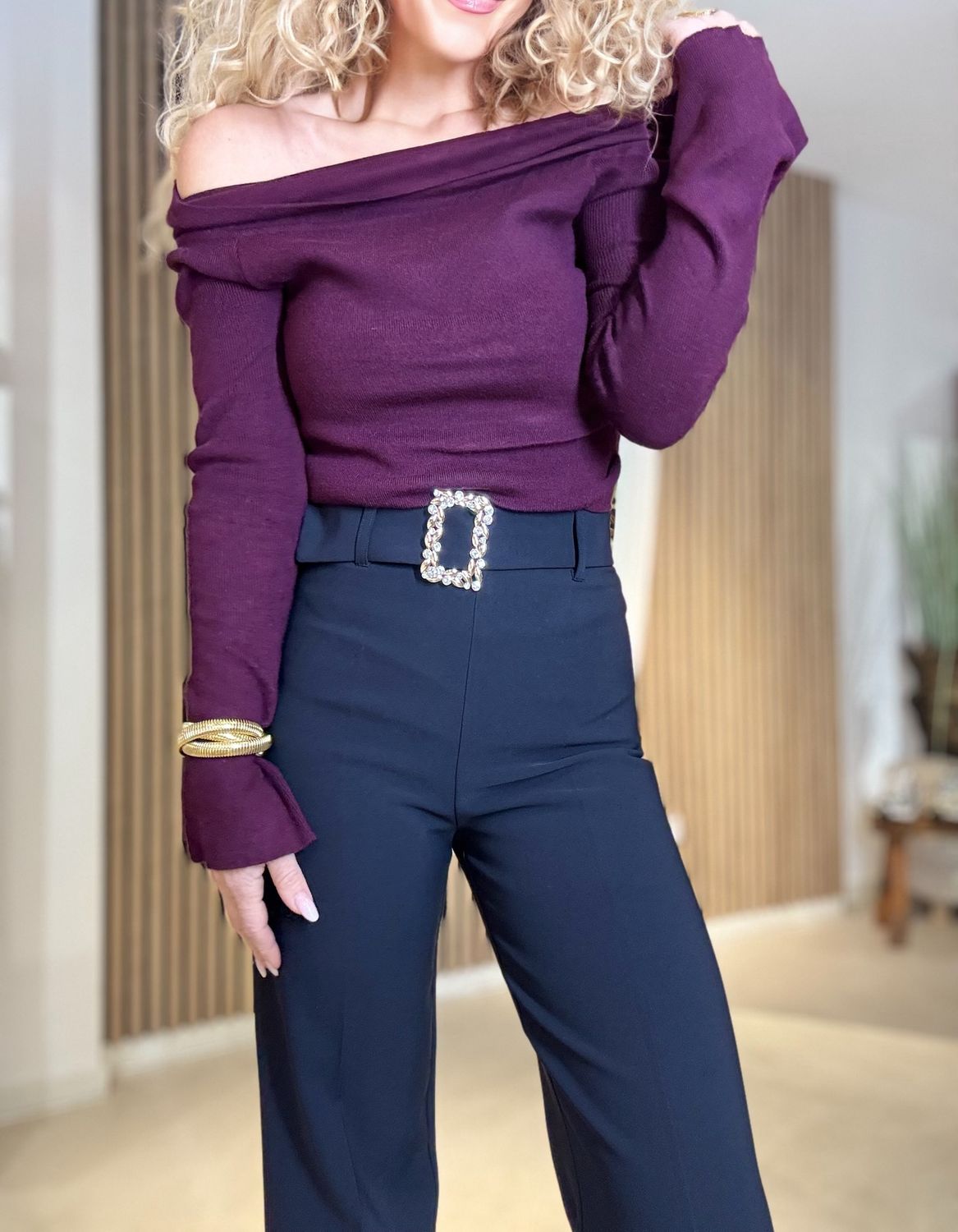 Basic top off shoulder, Kleur: Bordeaux, Maat: S/M