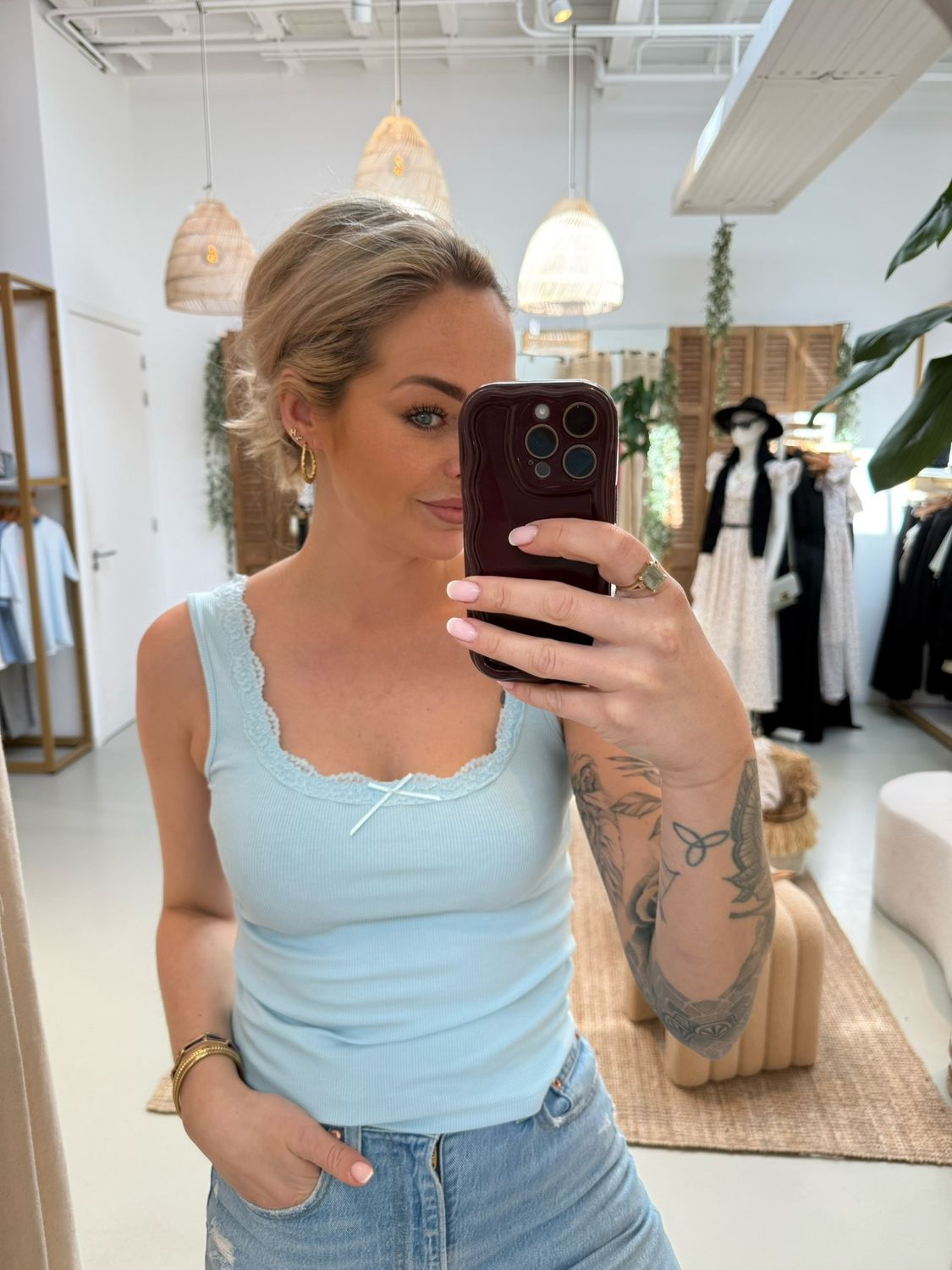 Basic top met strikje, Kleur: Blue, Maat: S