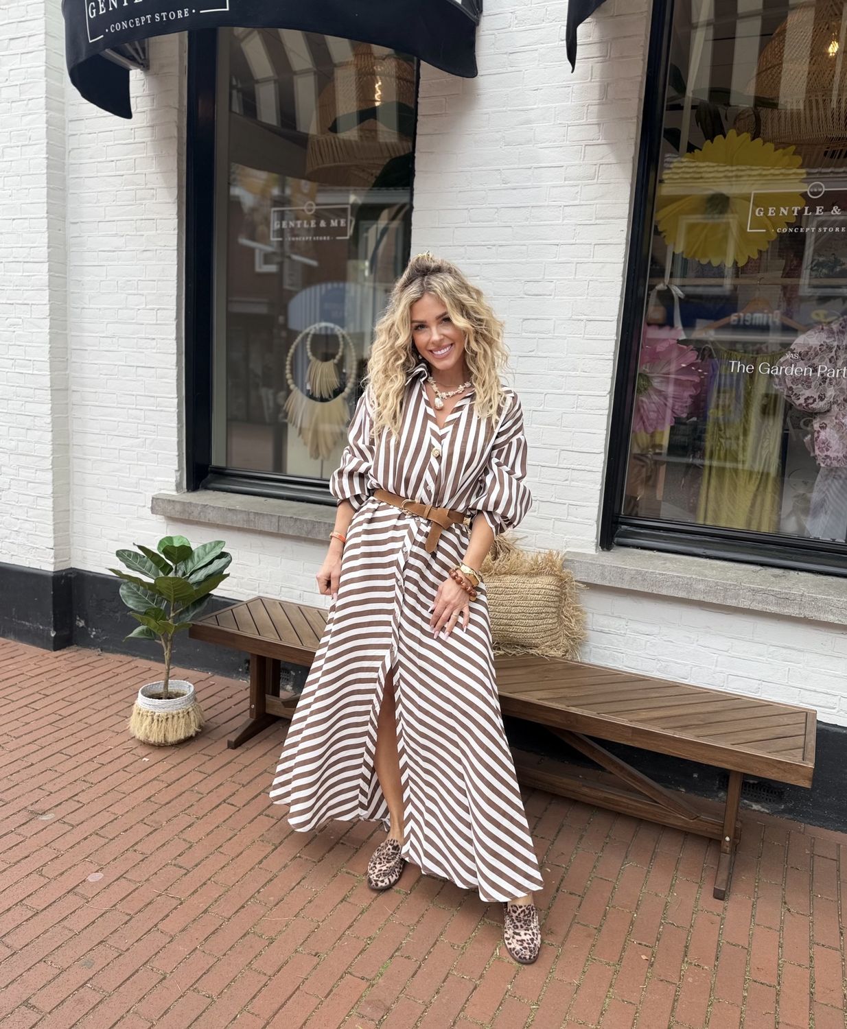 Dress Stripe Nienke, Kleur: Bruin/wit, Maat: One Size