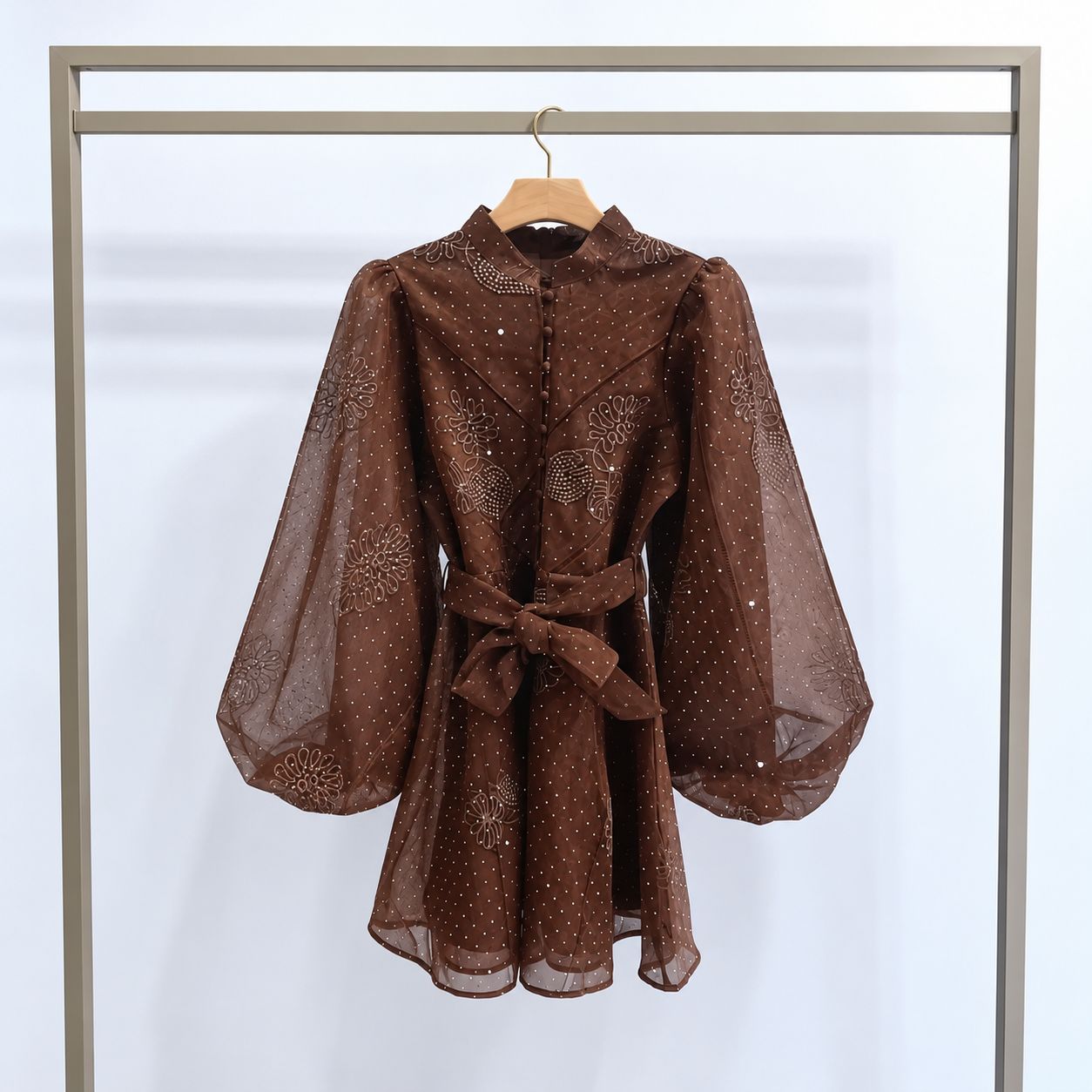 Celeste Embroidered Dress, Kleur: Brown, Maat: S