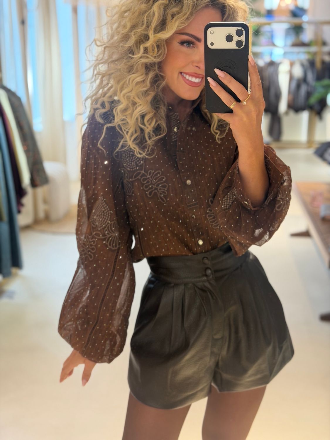 Florence Embroidered Blouse, Kleur: Brown, Maat: S