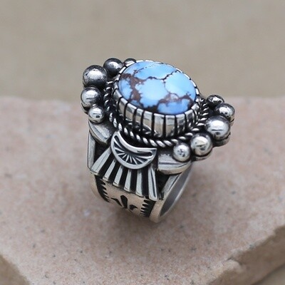 Heavily stamped ring w/ Golden hills turquoise