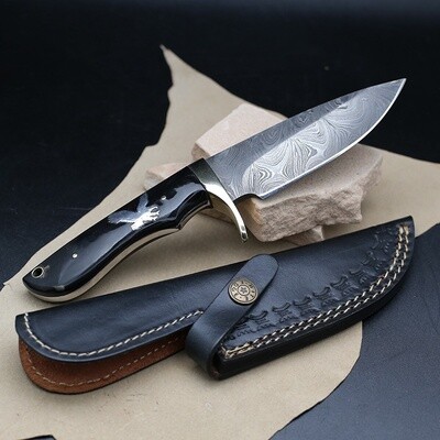 Long handle fixed Damascus blade knife w/ eagle image
