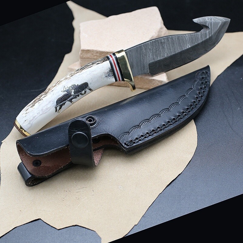 Long handle fixed blade knife w/ fighting elk image