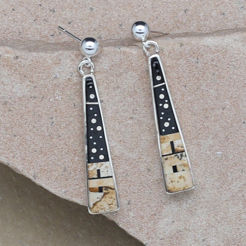 Long dangle earrings w/ adobe pueblo inlay