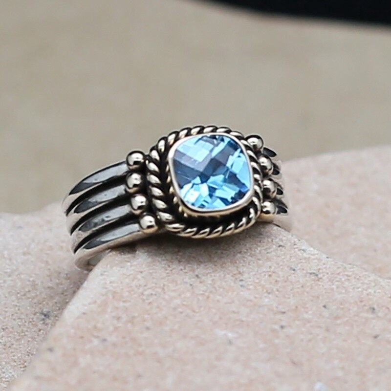 14KT Gold &amp; Silver w/ Blue faceted stone- BIL 759