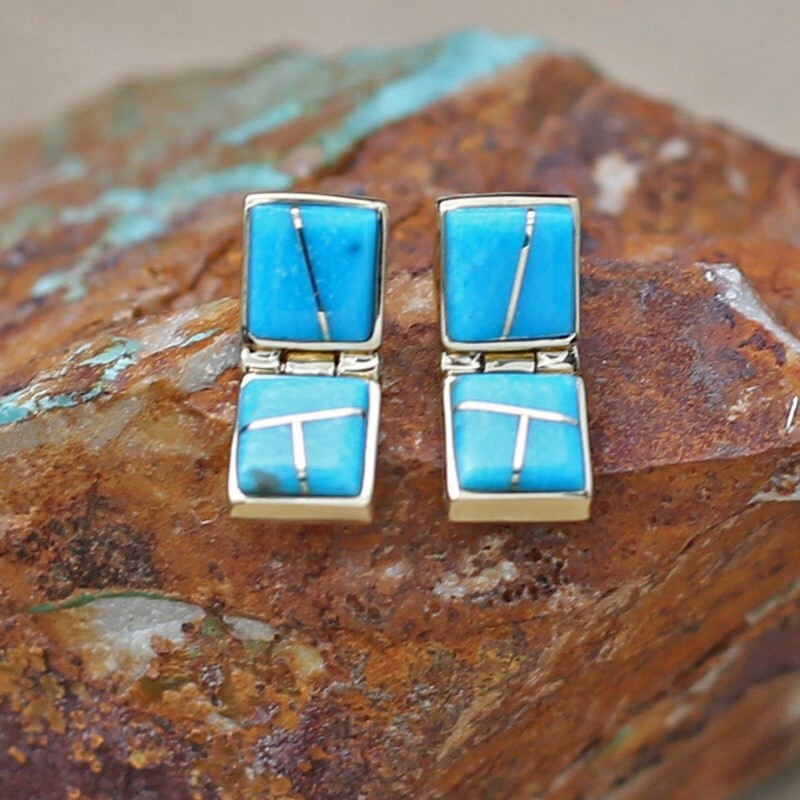 Gold Sleeping beauty Turquoise hinge earrings E03SB-14kt