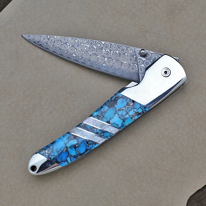 Damascus blade w/ wood &amp; stabilized turquoise inlay SFS 127