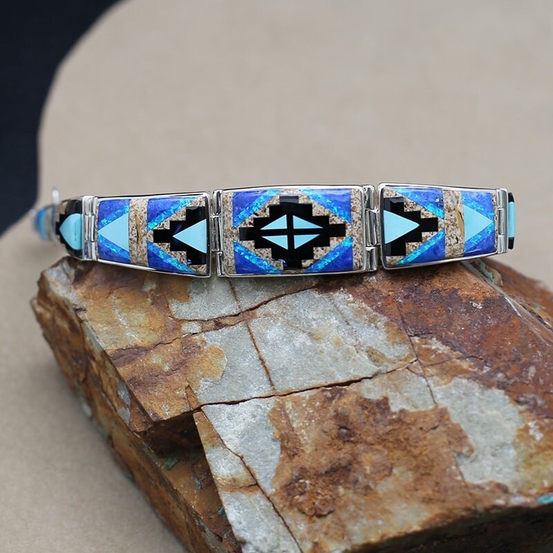 Large blue rug pattern inlay bracelet-SR 2378