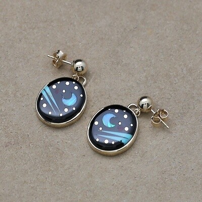 Gold oval dangle night sky earrings
