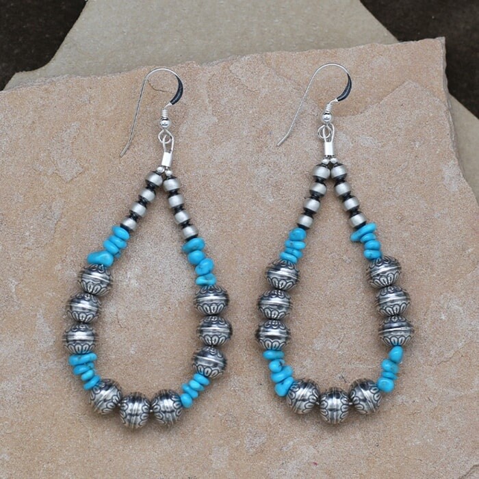 Turquoise and silver bead dangle earrings-SWS 281