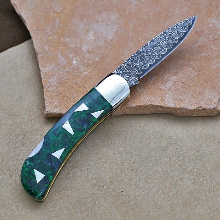 Custom green Burmese jade inlay knife