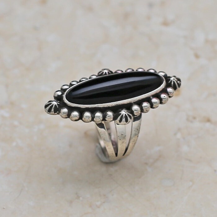 Medium sized long oval black onyx ring-BIL 626