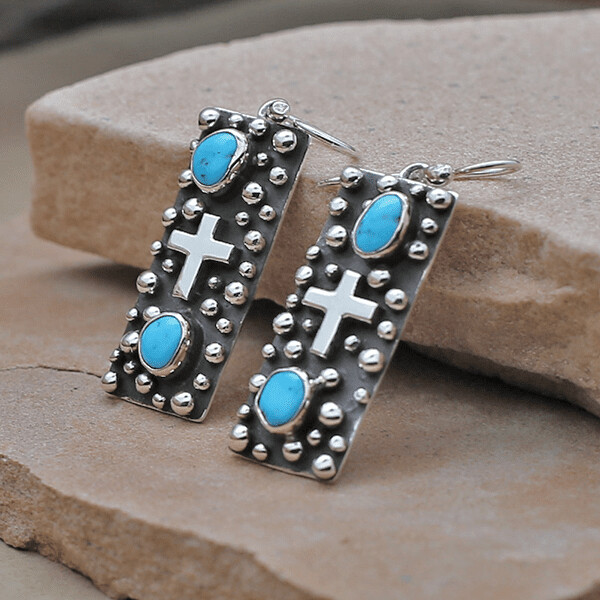 Rectangular dangle earrings- Rain Drop Design &amp; Turquoise