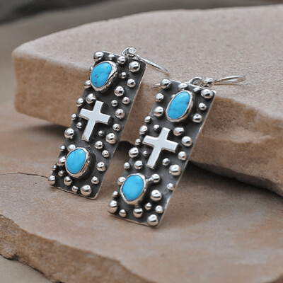 Rectangular dangle earrings- Rain Drop Design &amp; Turquoise