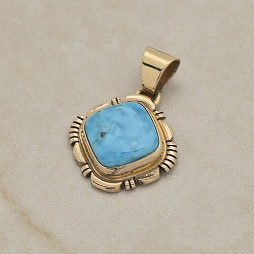 Square shaped turquoise pendant 14kt gold