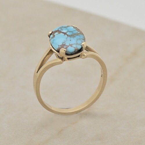 1970&#39;s prong set Lone Mountain turquoise ring 14kt gold