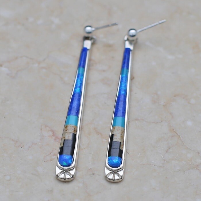 Blue rug pattern thin dangle earrings-SR 2361