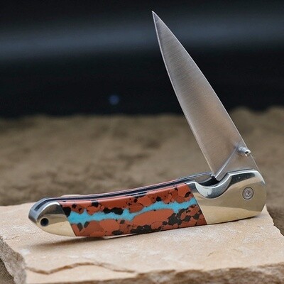 Large folding knife with boulder turquoise inlay