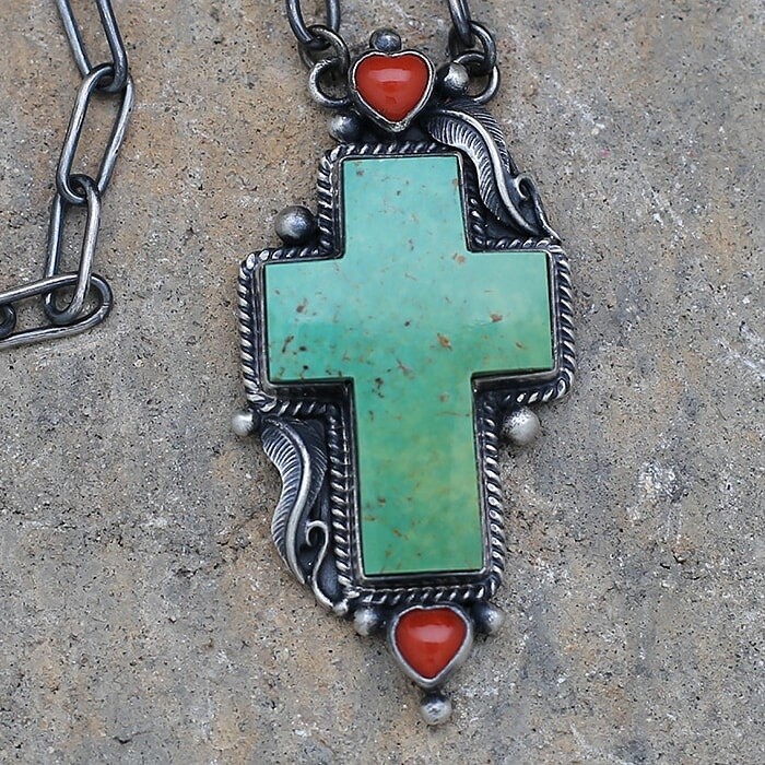 Turquoise cross &amp; heart necklace - BIL 641