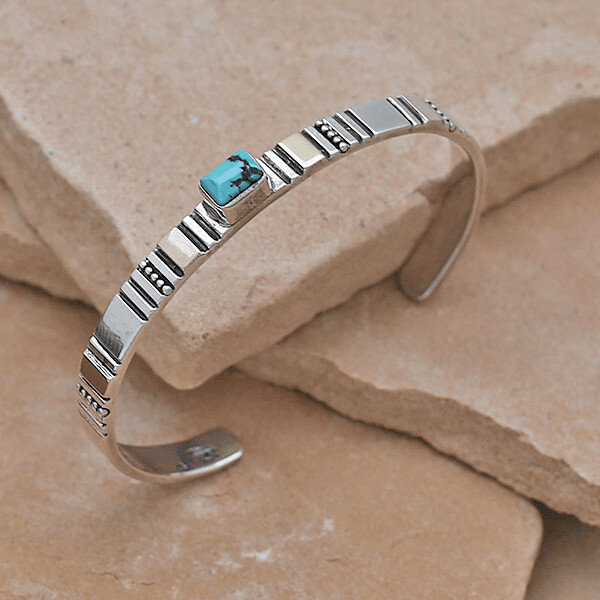 Thin silver bracelet w/ 14kt gold accents &amp; turquoise