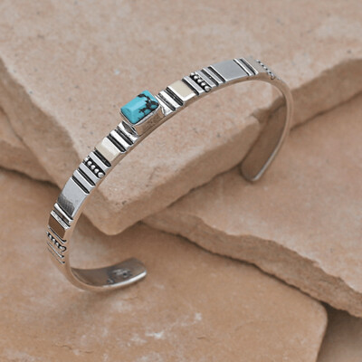 Thin silver bracelet w/ 14kt gold accents & turquoise