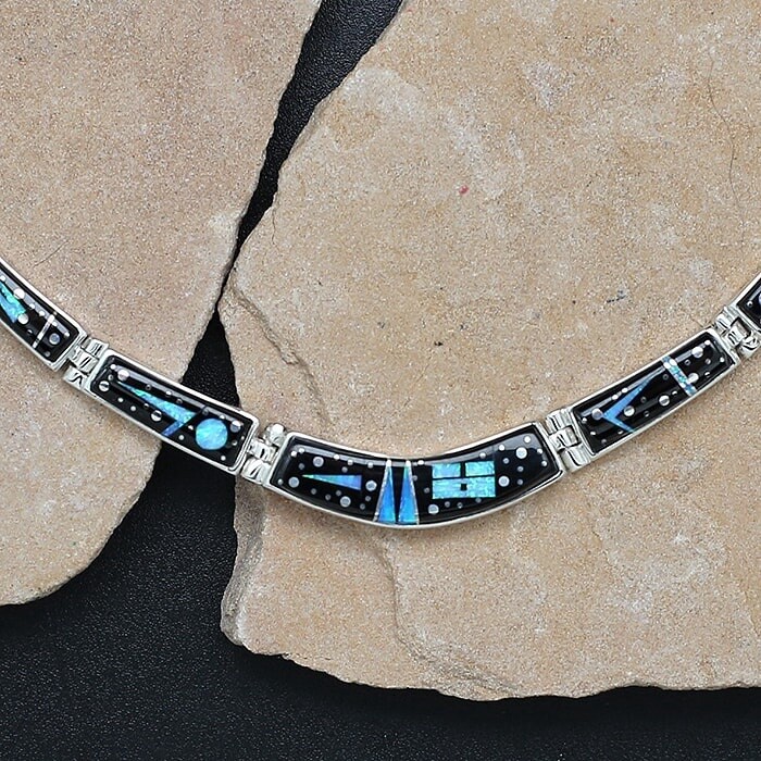 Navajo crafted collar style necklace with Night Sky design inlay-SR