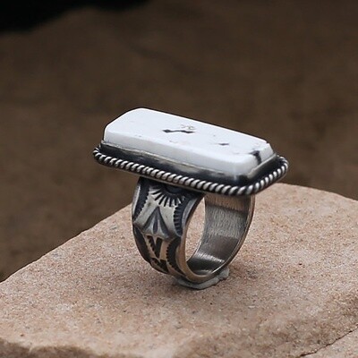 Adjustable rectangular White Buffalo stone ring