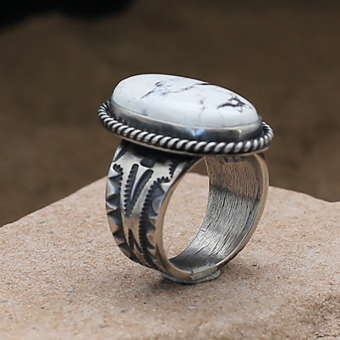 Adjustable wide band ring with White Buffalo stone - BIL 610
