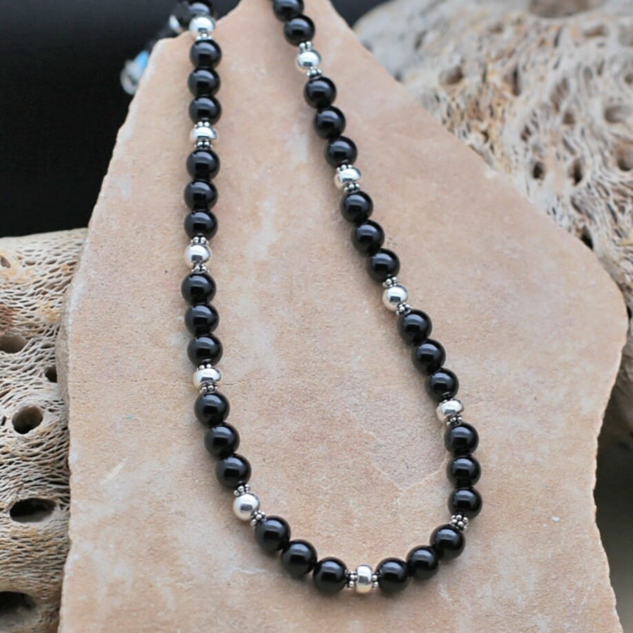 Black Onyx beaded necklace 16" - ANA 1412