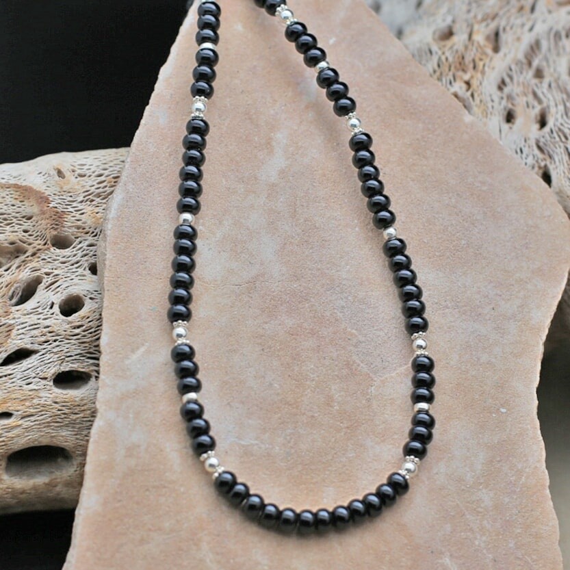 ANA 1413 Black Onyx necklace w/ 5mm round beads-16&quot;