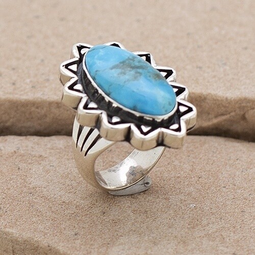 Triangle design silver ring with Kingman Turquoise -Bil 537