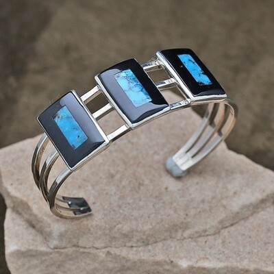 Zuni rectangular inlay bracelet by artist Harlan Coonsis