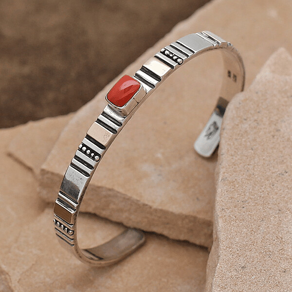 Thin silver bracelet w/ 14kt gold accents &amp; coral stone