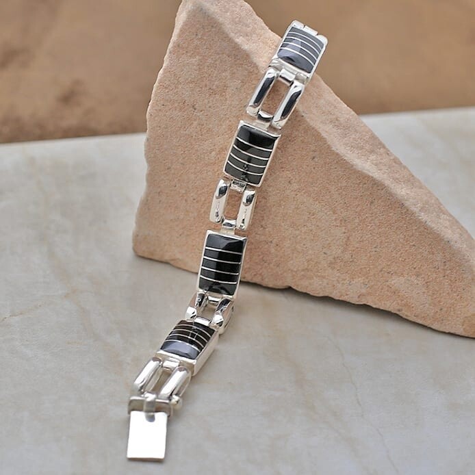 Acoma Jet fossilized wood inlay link bracelet