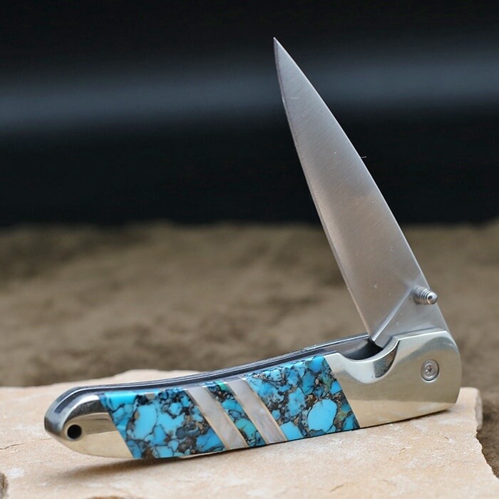 Folding blade knife w/ wood &amp; stabilized turquoise inlay
