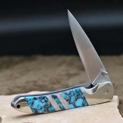 Folding blade knife w/ wood & stabilized turquoise inlay